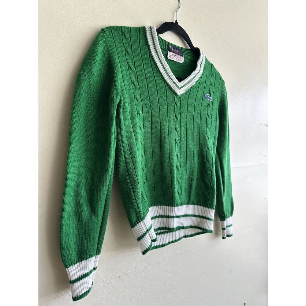 Vintage 80s Izod Lacoste Cable Knit Tennis Sweater Green Collegiate Small XS - Picture 6 of 12